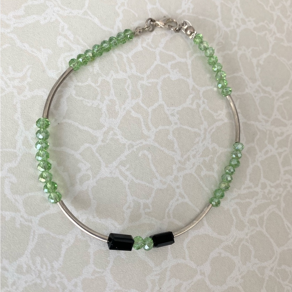 Green Beaded Women's Ankle Bracelet with Black Accent